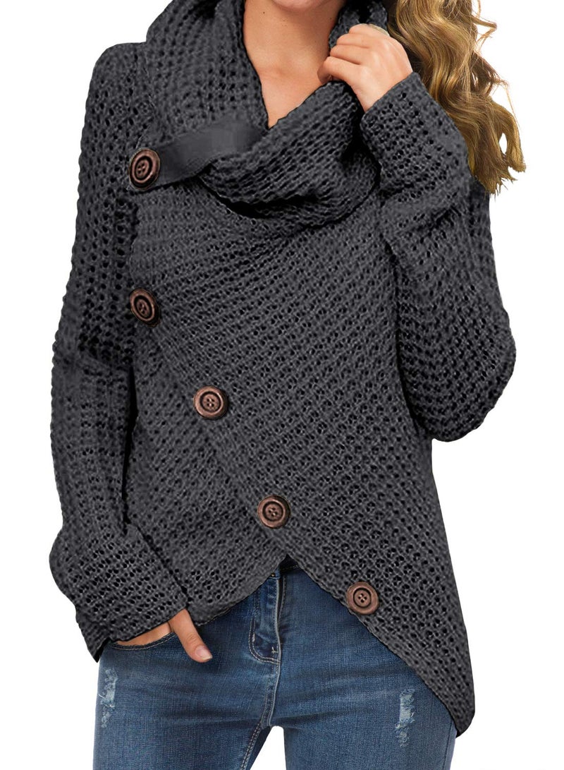 GRECERELLE Women's 2024 Fall Turtleneck Chunky Pullover Sweaters Long Sleeve Asymmetric Knit Jumper Tops Dark Gray, L - Image 1